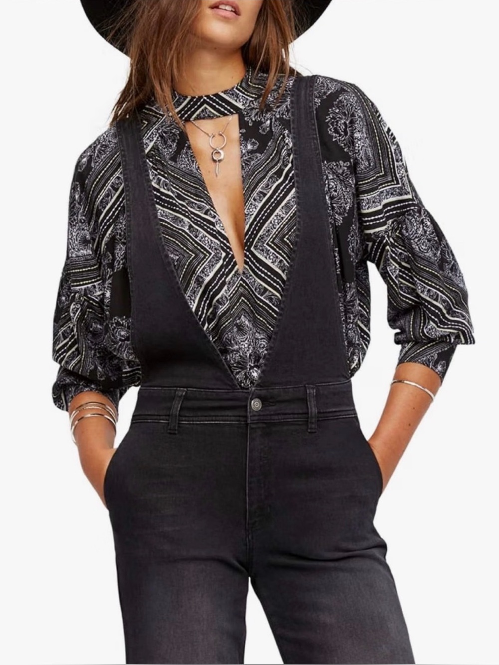 NWT Free People Walking On A Dream Geometric Black White Tunic Top